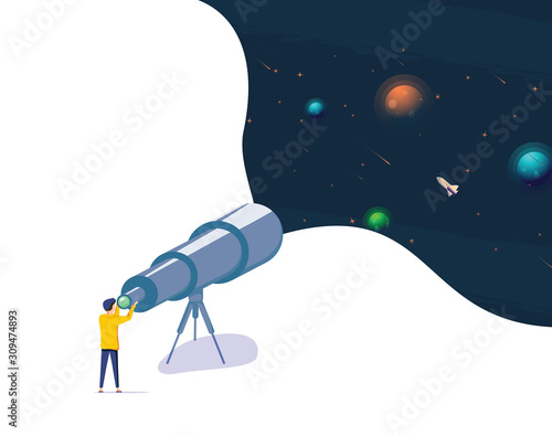 Man Watching Night Starry Sky through Telescope. Astronomy Science Hobby, Isolated Illustration. Guy Looking at Stars photo