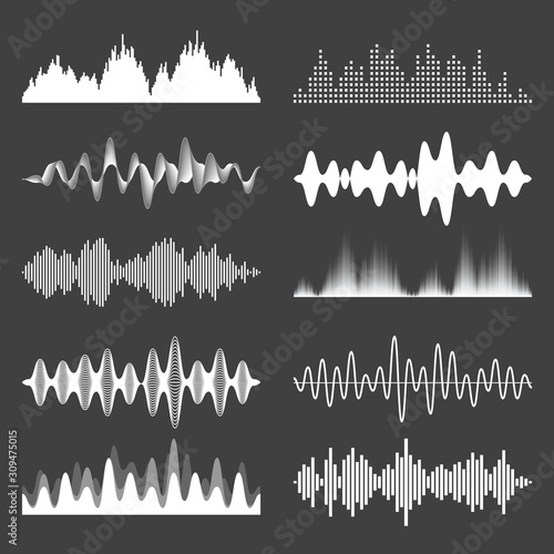 Sound waves collection. Analog and digital audio signal. Music equalizer. Interference voice recording. High frequency radio wave. Vector illustration.