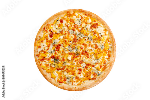 Pizza isolated on white background.Hot fast food 4 cheese with mozzarella and blue cheese. Food Image for menu card, web design, site, shop, advertising or delivery. High quality retouch and isolation
