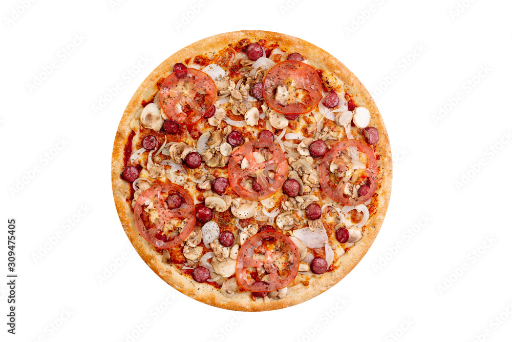 Pizza isolated on white background.Hot fast food with cheese, ham and mushrooms. Food Image for menu card, web design, site, shop or delivery. High quality retouch and isolation