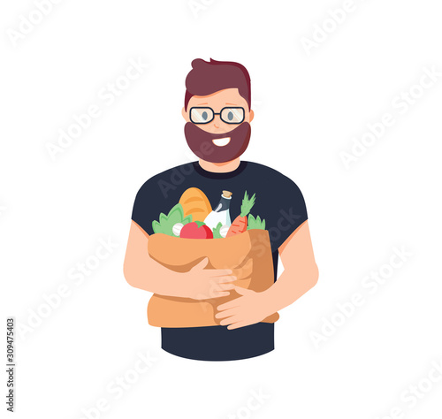Happy man holding a grocery bag in his hands. Buyer at the supermarket. Vector illustration in cartoon style. Shopping