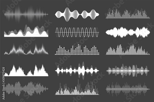 Sound waves collection. Analog and digital audio signal. Music equalizer. Interference voice recording. High frequency radio wave. Vector illustration.