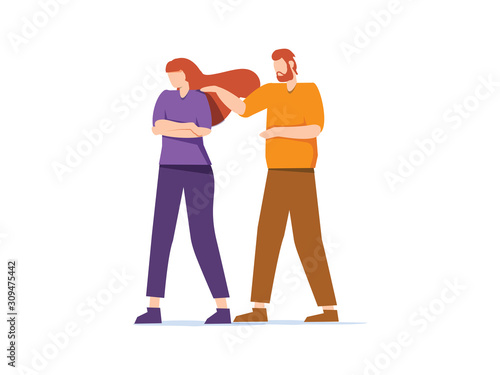 Sorry. The man apologizes to the offended woman. Relationships. Vector illustration in a flat style. Relation problems