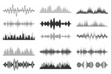 Sound waves collection. Analog and digital audio signal. Music equalizer. Interference voice recording. High frequency radio wave. Vector illustration.