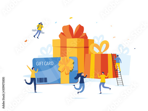 Gift card and promotion strategy, gift voucher, discount coupon and certificate concept background. Women with presents