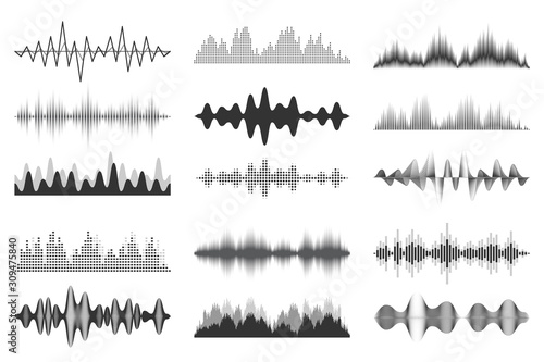 Sound waves collection. Analog and digital audio signal. Music equalizer. Interference voice recording. High frequency radio wave. Vector illustration.