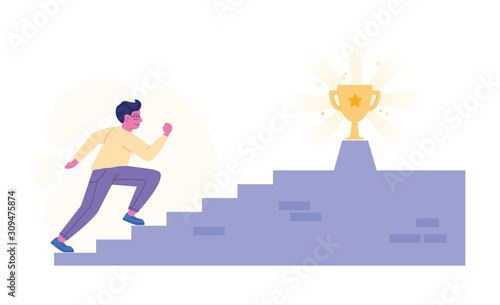 Young adult man walking up the stairs with golden cup on the top to his goal. Career progression, reaching aim