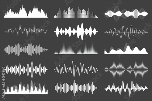 Sound waves collection. Analog and digital audio signal. Music equalizer. Interference voice recording. High frequency radio wave. Vector illustration.