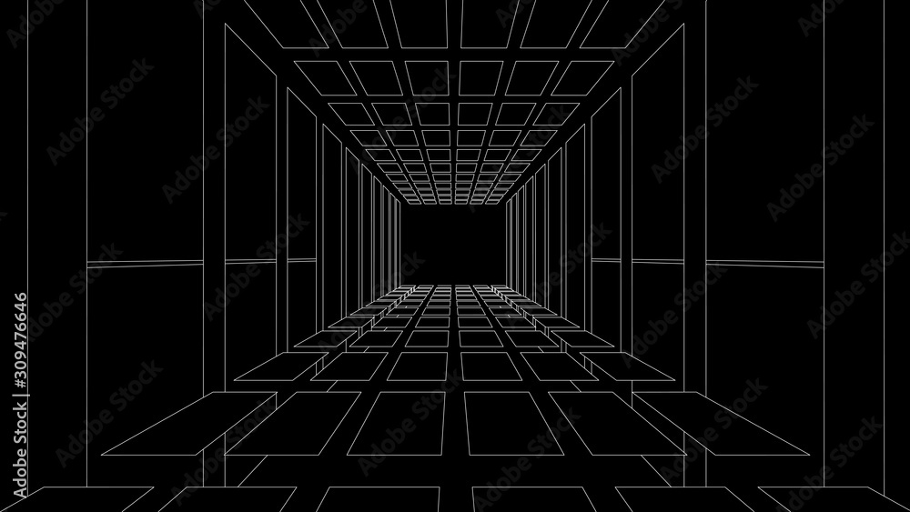 Vector perspective grid. Tunnel. Detailed lines on black background ...