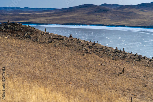 grass and ice on Baikal lake panoramic view