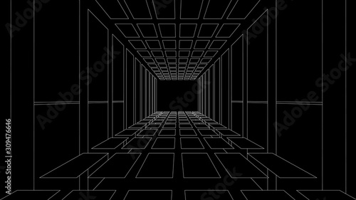 Vector perspective grid. Tunnel. Detailed lines on black background. photo