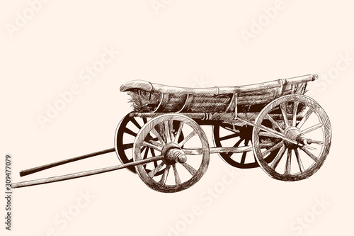 An old wooden cart on four wheels for a horse harness. Pencil drawing by hand.