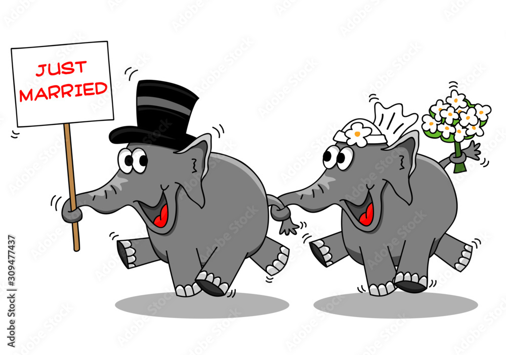 Lustiges Elefanten Brautpaar Cartoon mit Schild Just Married Stock