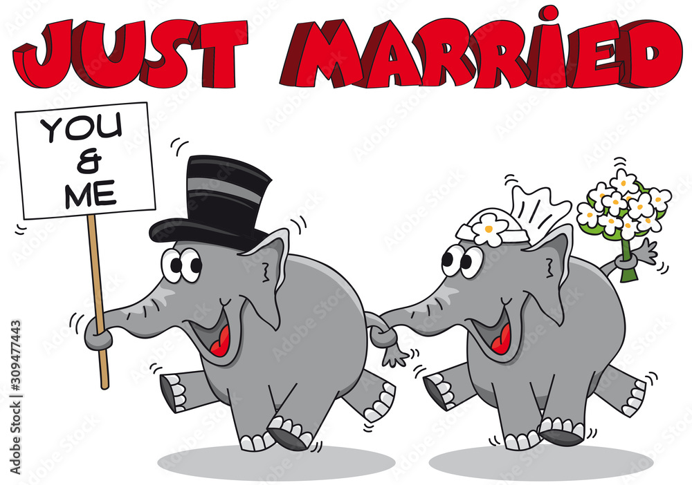 Obraz premium Lustiges Elefanten Brautpaar als Cartoon mit Just Married Schriftzug in roten Graffiti Buchstaben
