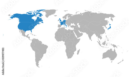 G7 countries map highlighted blue on world map vector. Gray background. Perfect for business concepts  backgrounds  backdrop  banner and wallpapers.