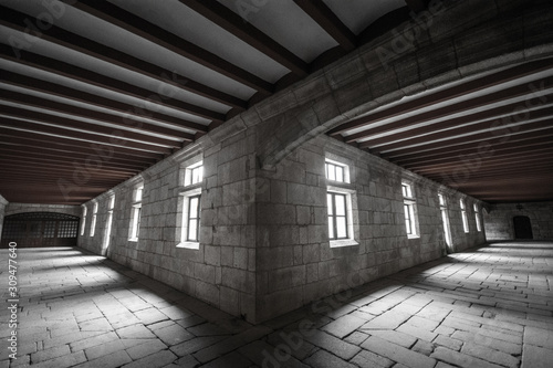 Historic ruins of abandoned abbey in black and white in Monasterio de Lugo, Galicia, Spain