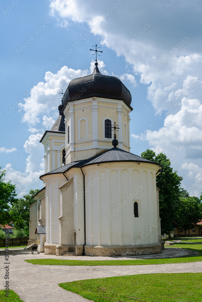 View of old stone summer church in Capriana Monastery, Moldova