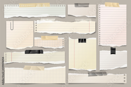 Colored ripped lined paper strips collection. Realistic paper scraps with torn edges and adhesive tape. Sticky notes, shreds of notebook pages. Vector illustration.