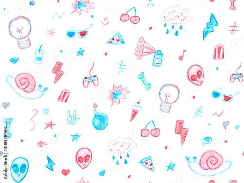 Children's drawings, seamless pattern with pencil, on a white background, various funny objects..