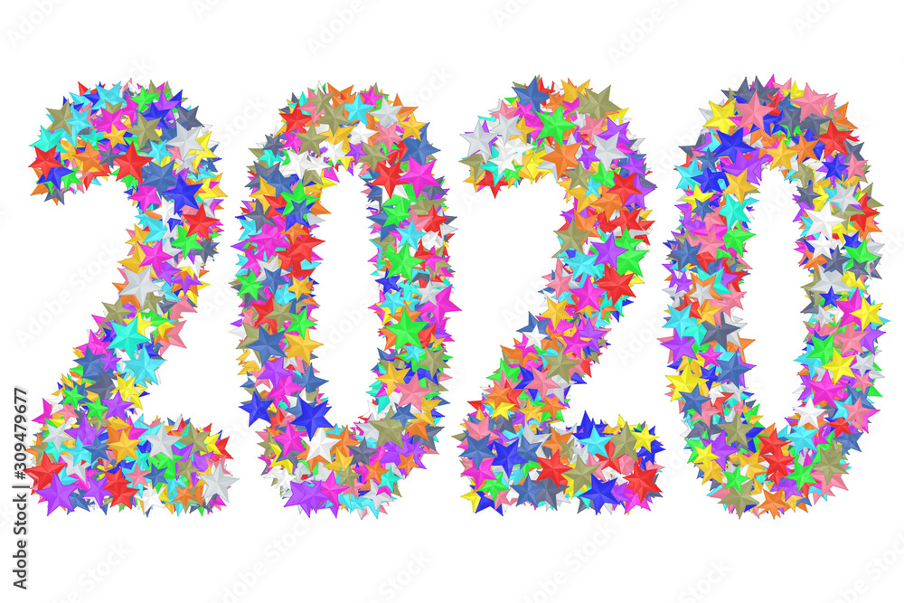 2020 digits composed of colorful stars isolated on white background