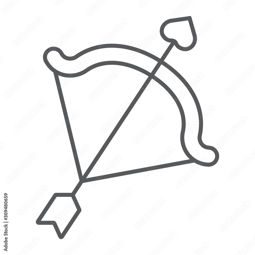 Cupid bow thin line icon, valentine and holiday, arrow sign, vector graphics, a linear pattern on a white background, eps 10. Cupid bow thin line icon, valentine and holiday, arrow sign, vector graphics, a linear pattern on a white background, eps 10.
