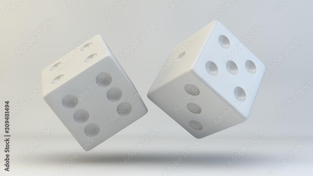 3d rendering, 3d illustration. Dices on a light background. 3d rendering, 3d illustration. Dices on a light background.