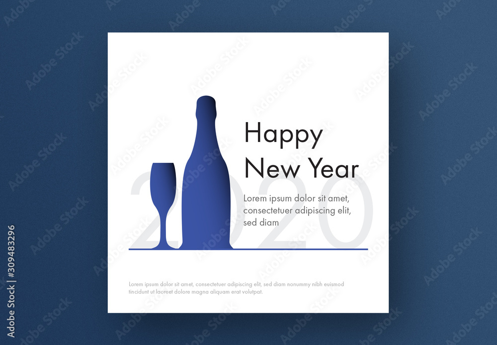 New Year Card Layout with Blue Glass and Champagne Bottle Stock ...