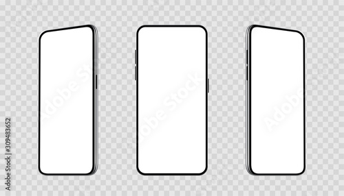Realistic set smartphones at different angles mockup. Cellphone with blank display. Mobile phone 3d - stock vector.