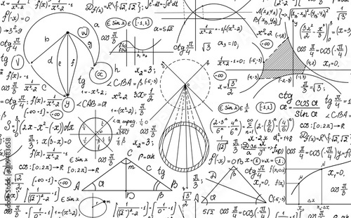 Hand drawn mathematical vector seamless pattern with handwritten algebra formulas, equations and geometry figures