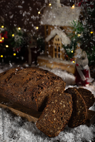 Whole grain bread with rye sourdough in a new year atmosphere.