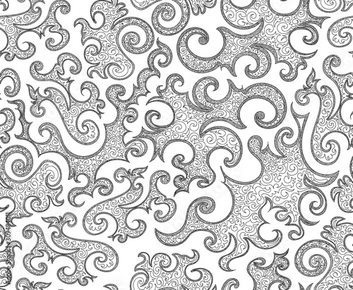 Beautiful abstract vector seamless pattern with figured doodle shapes and curling lines