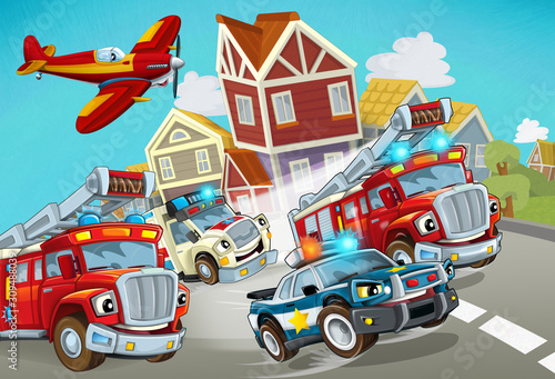 cartoon scene with fireman vehicle on the road with police car and ambulance - illustration for children