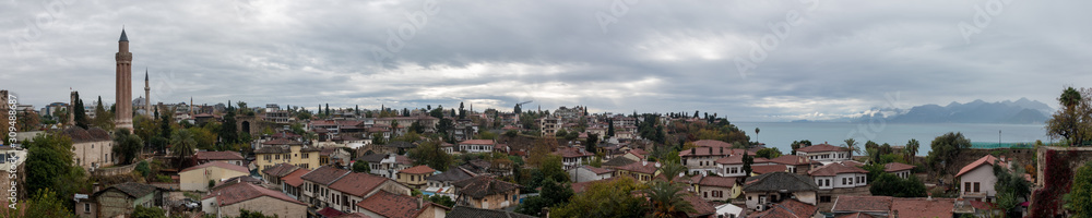 Panoramic view of Antalya old town, Kaleici and yivli minaret