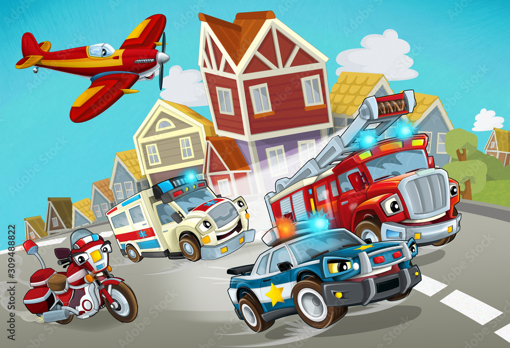 cartoon scene with fireman vehicle on the road with police car and ambulance - illustration for children