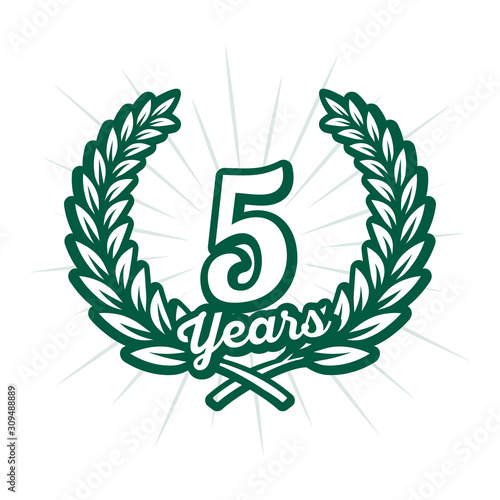 5 years anniversary celebration with laurel wreath. Fifth anniversary logo. Vector and illustration.
