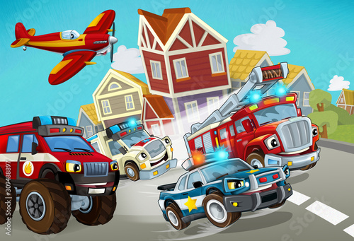 cartoon scene with fireman vehicle on the road with police car and ambulance - illustration for children