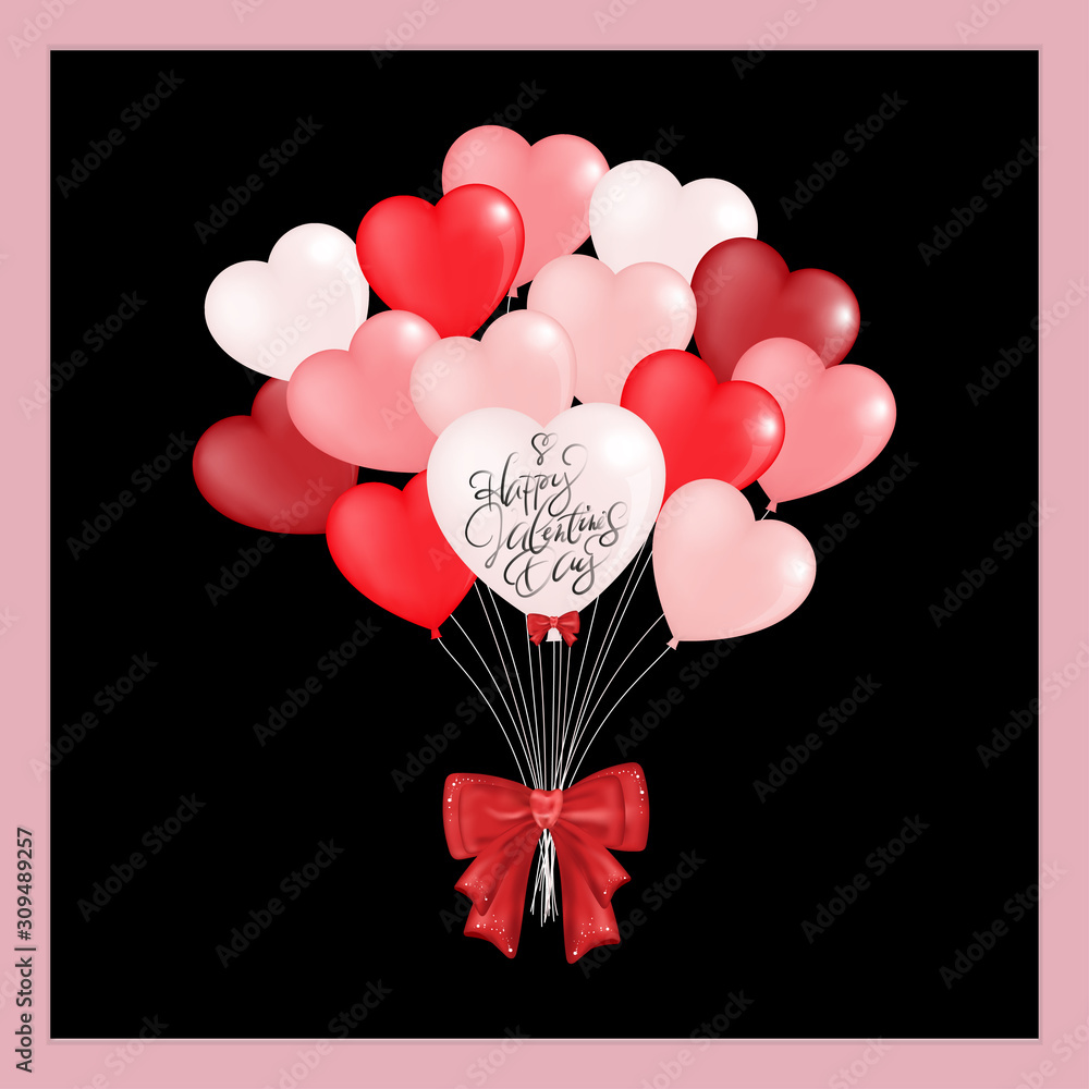 Vector Balloon Heart in white, pink and red on black background, Holiday illustration of flying bunch of red tone balloon in heart shape, Valentines Day invitation, greeting card