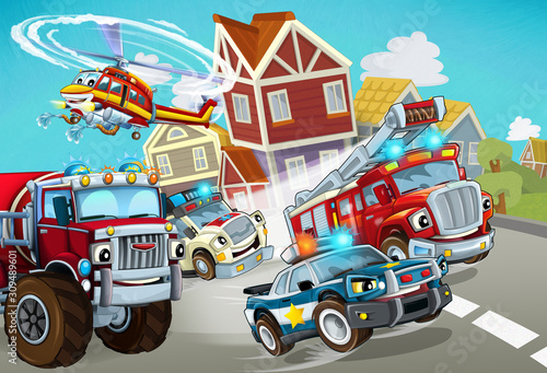 cartoon scene with fireman vehicle on the road with police car and ambulance - illustration for children © honeyflavour