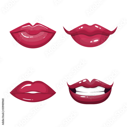 Red sexy lips set. Luscious shiny lips on white background for your design. Vector illustration.