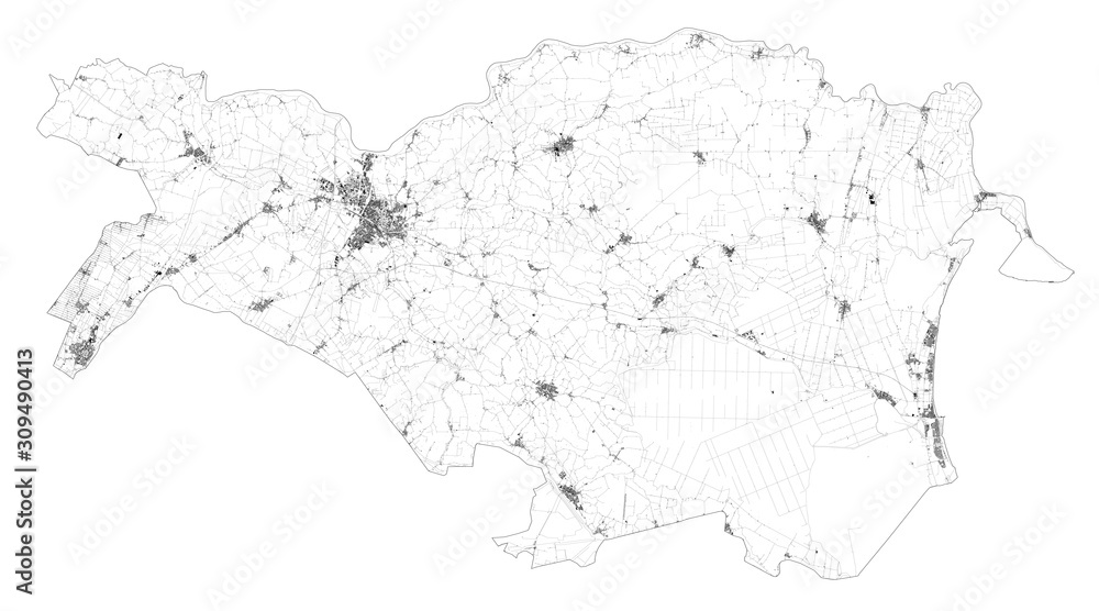 Satellite map of Province of Ferrara towns and roads, buildings and connecting roads of surrounding areas. Emilia-Romagna region, Italy. Map roads, ring roads Satellite map of Province of Ferrara towns and roads, buildings and connecting roads of surrounding areas. Emilia-Romagna region, Italy. Map roads, ring roads