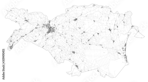 Satellite map of Province of Ferrara towns and roads, buildings and connecting roads of surrounding areas. Emilia-Romagna region, Italy. Map roads, ring roads