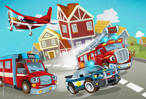 Fototapeta Naklejka Na Ścianę i Meble -  cartoon scene with fireman vehicle on the road with police car - illustration for children