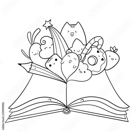 Children's Book Day doodle illustration.  Opened book with kawaii creatures, animals and food. Pattern for coloring page or design print. Easy to change color inside of objects.
