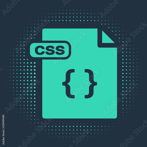 Green CSS file document. Download css button icon isolated on blue background. CSS file symbol. Abstract circle random dots. Vector Illustration