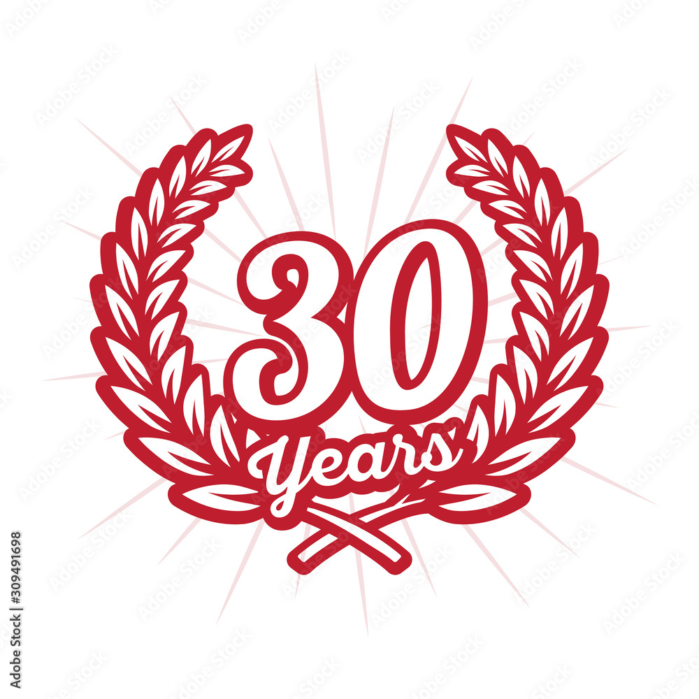 Obraz premium 30 years anniversary celebration with laurel wreath. Thirtieth anniversary logo. Vector and illustration.