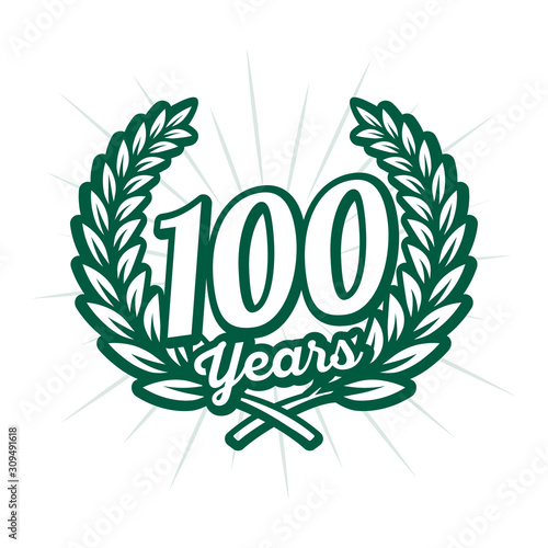 100 years anniversary celebration with laurel wreath. One hundredth anniversary logo. Vector and illustration.