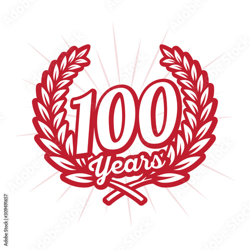100 years anniversary celebration with laurel wreath. One hundredth anniversary logo. Vector and illustration.
