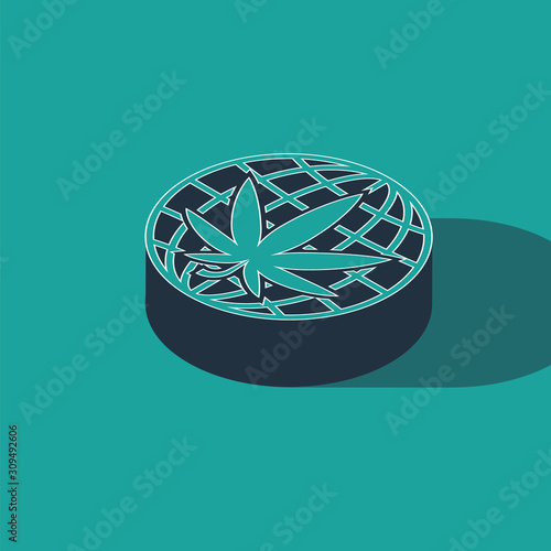 Isometric Legalize marijuana or cannabis globe symbol icon isolated on green background. Hemp symbol. Vector Illustration