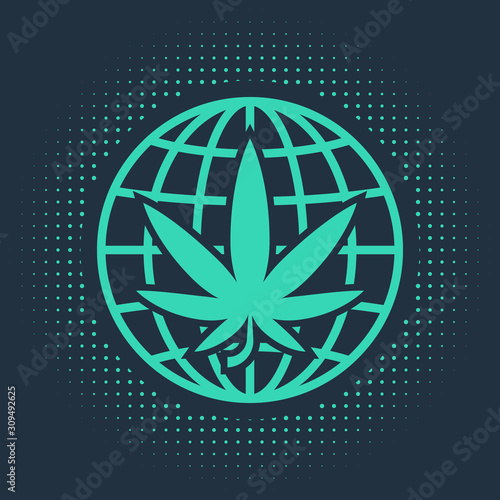 Green Legalize marijuana or cannabis globe symbol icon isolated on blue background. Hemp symbol. Abstract circle random dots. Vector Illustration