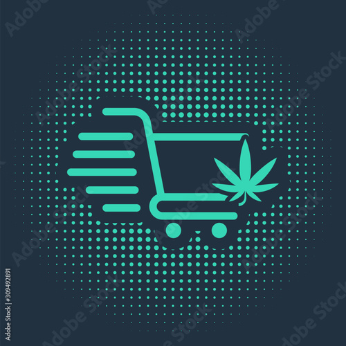 Green Shopping cart with marijuana or cannabis leaf icon isolated on blue background. Online buying. Delivery service. Supermarket basket. Abstract circle random dots. Vector Illustration